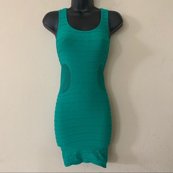 Bebe Elsa Green Bodycon Fishnet Inset Minidress - Picture 2 of 8
